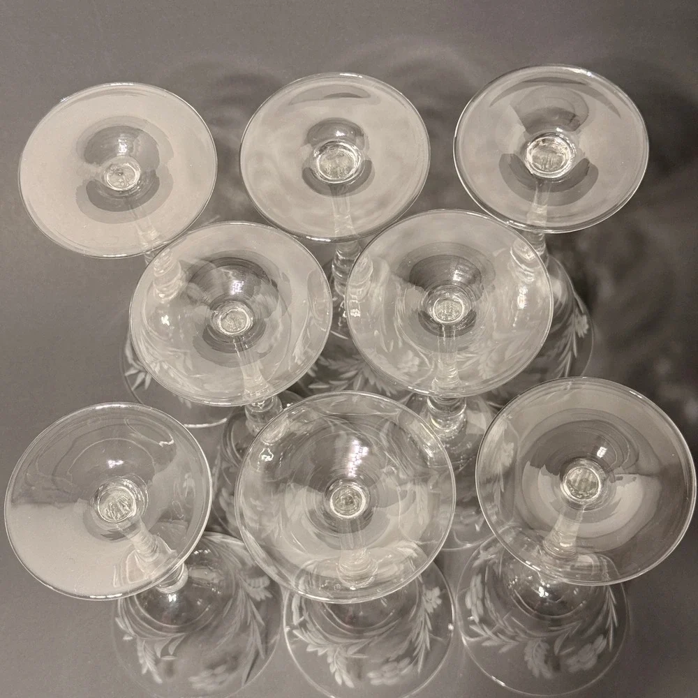 Vintage Etched Crystal Cordial Sherry Glasses Floral Leaf Long Stem Set of 8